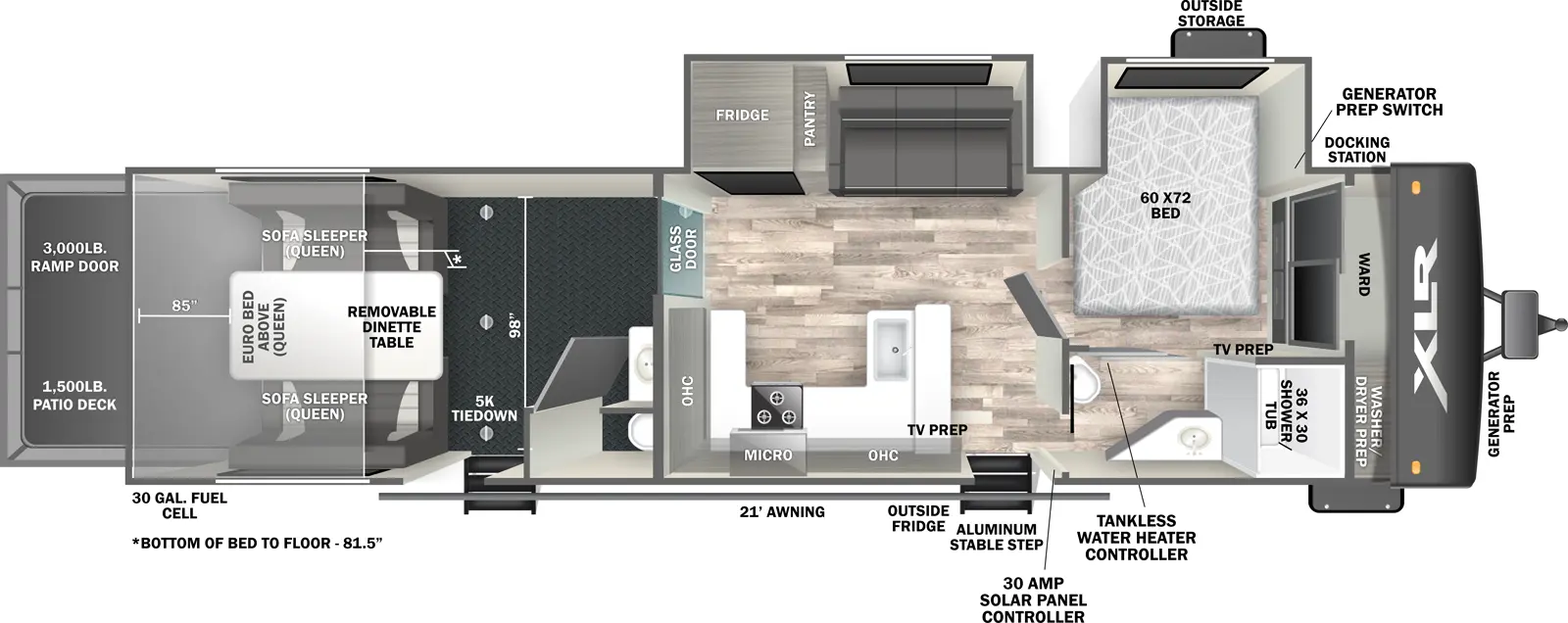 The 3314H has two slideouts, two entries, and a rear ramp door. Exterior features generator prep, docking station, outside storage, aluminum stable step entry, outside refrigerator, 21 foot awning, and 30 gallon fuel cell. Interior layout front to back: wardrobe with washer/dryer prep, off-door side bed slideout with generator prep switch, and TV prep on wall of door side full pass-through bathroom with tankless water heater controller; off-door side slideout with sofa, pantry, and refrigerator; door side entry with 30 amp solar panel controller, kitchen counter with sink wraps to door side with TV prep, overhead cabinet, microwave, cooktop, and continues to wrap to inner wall with overhead cabinet; glass door to rear garage with door side half bathroom, entry, and rear opposing queen sofa sleepers with removable dinette and euro queen bed above. Garage dimensions: 3,000 lb rear ramp door, 1,500 lb patio deck, 85 inch height rear entry, 81.5 inch from floor to bottom of euro bed, 98 inch from door side to off-door side, 5,000 lb tiedowns.